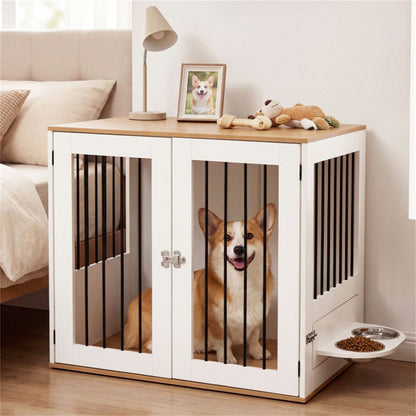 Furniture Style Dog Crate with 360° Rotating Feeder & 304 Stainless
