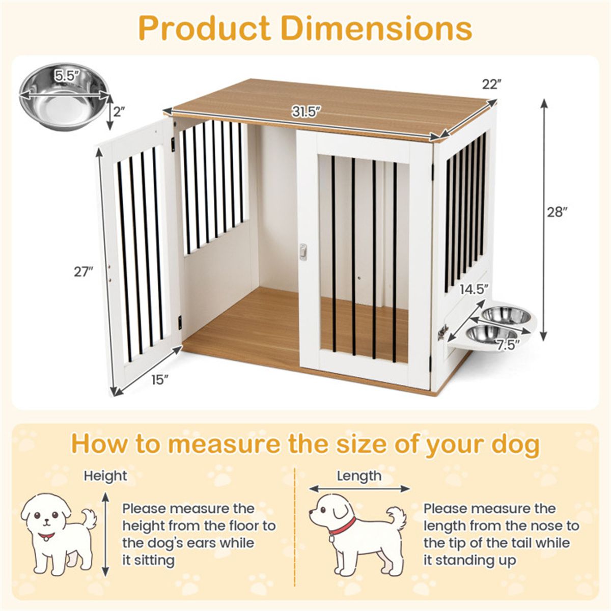 Furniture Style Dog Crate with 360° Rotating Feeder & 304 Stainless