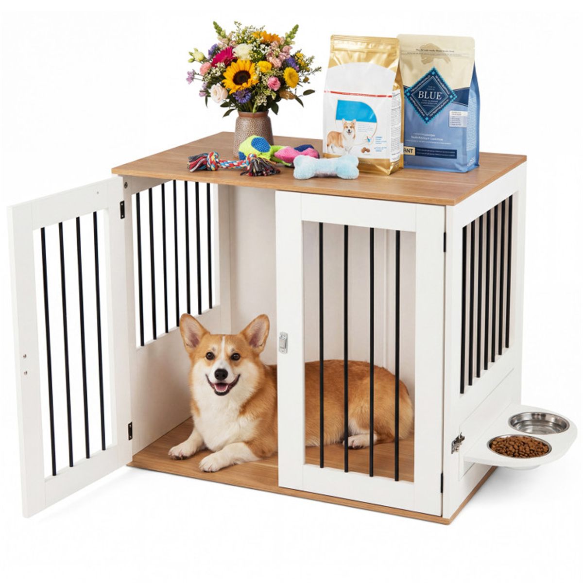 Furniture Style Dog Crate with 360° Rotating Feeder & 304 Stainless
