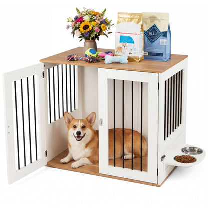 Furniture Style Dog Crate with 360° Rotating Feeder & 304 Stainless