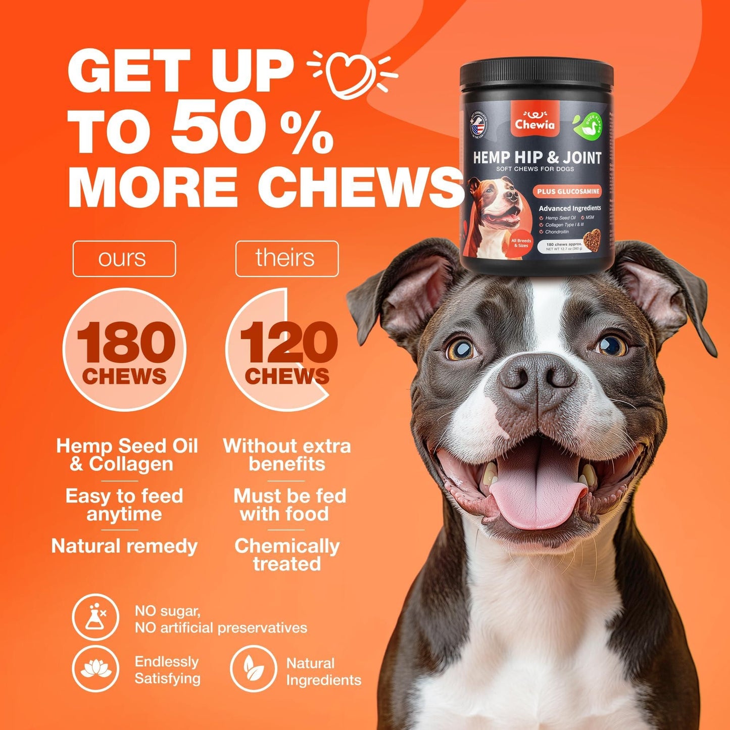 Hemp Hip & Joint Chews for Dogs, Glucosamine Chondroitin & MSM