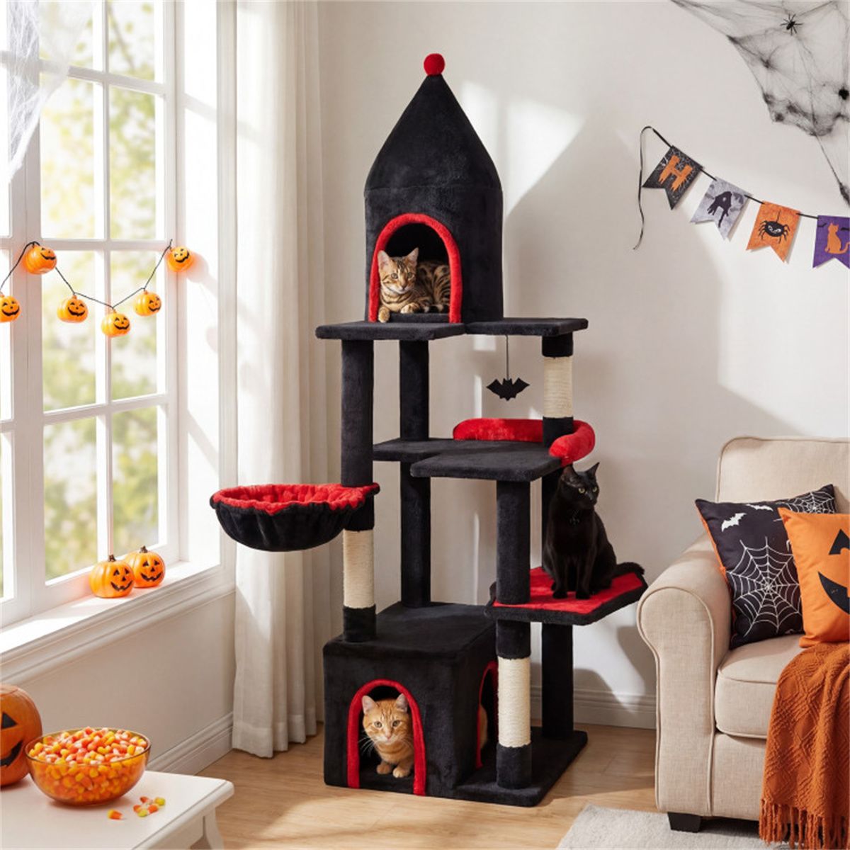 Gothic 5-Level Cat Tree 63" Tall with Sisal Scratching Posts Black