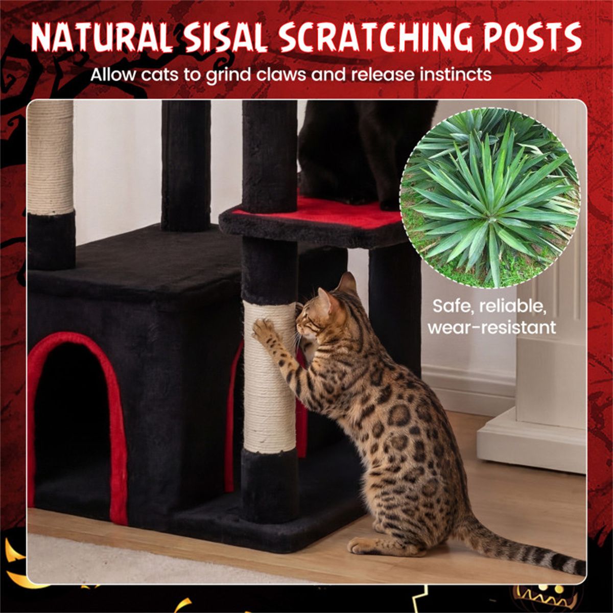 Gothic 5-Level Cat Tree 63" Tall with Sisal Scratching Posts Black