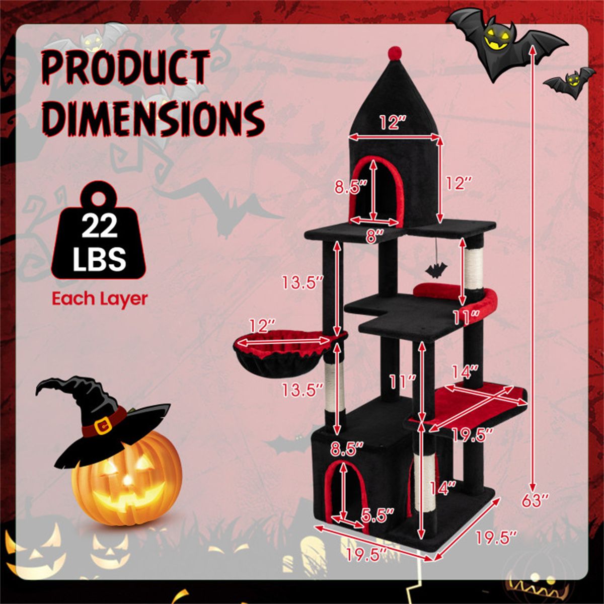 Gothic 5-Level Cat Tree 63" Tall with Sisal Scratching Posts Black