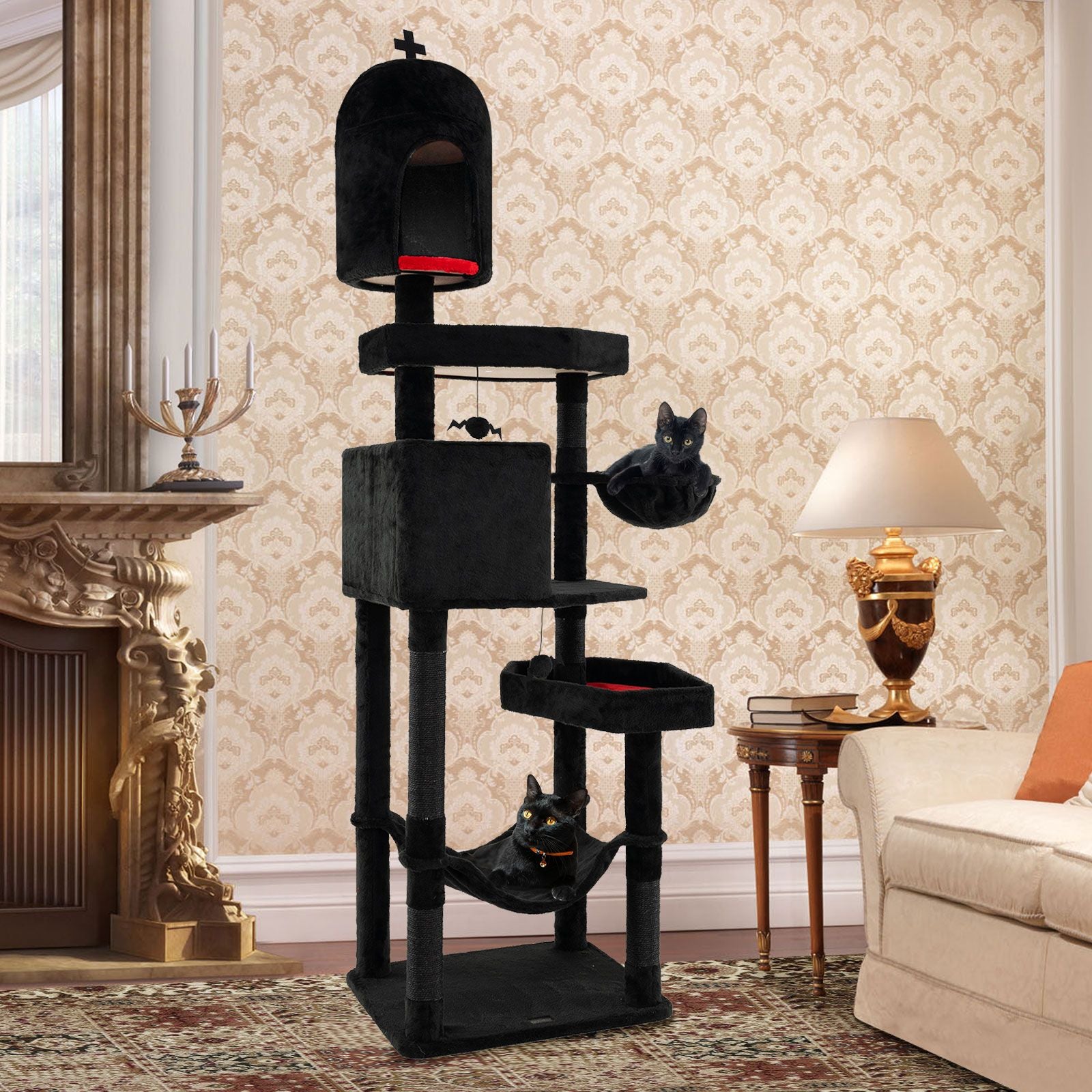 Gothic Cat Tree with 2 Cat Condos and Coffin Bed for Indoor Cats