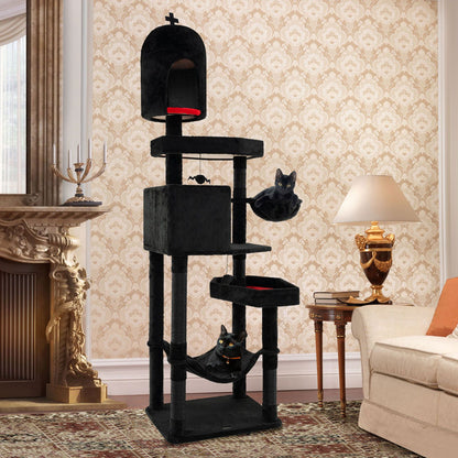Gothic Cat Tree with 2 Cat Condos and Coffin Bed for Indoor Cats