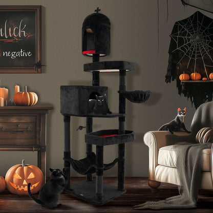 Gothic Cat Tree with 2 Cat Condos and Coffin Bed for Indoor Cats