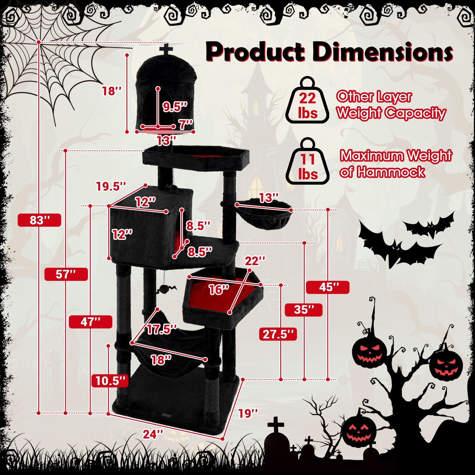 Gothic Cat Tree with 2 Cat Condos and Coffin Bed for Indoor Cats