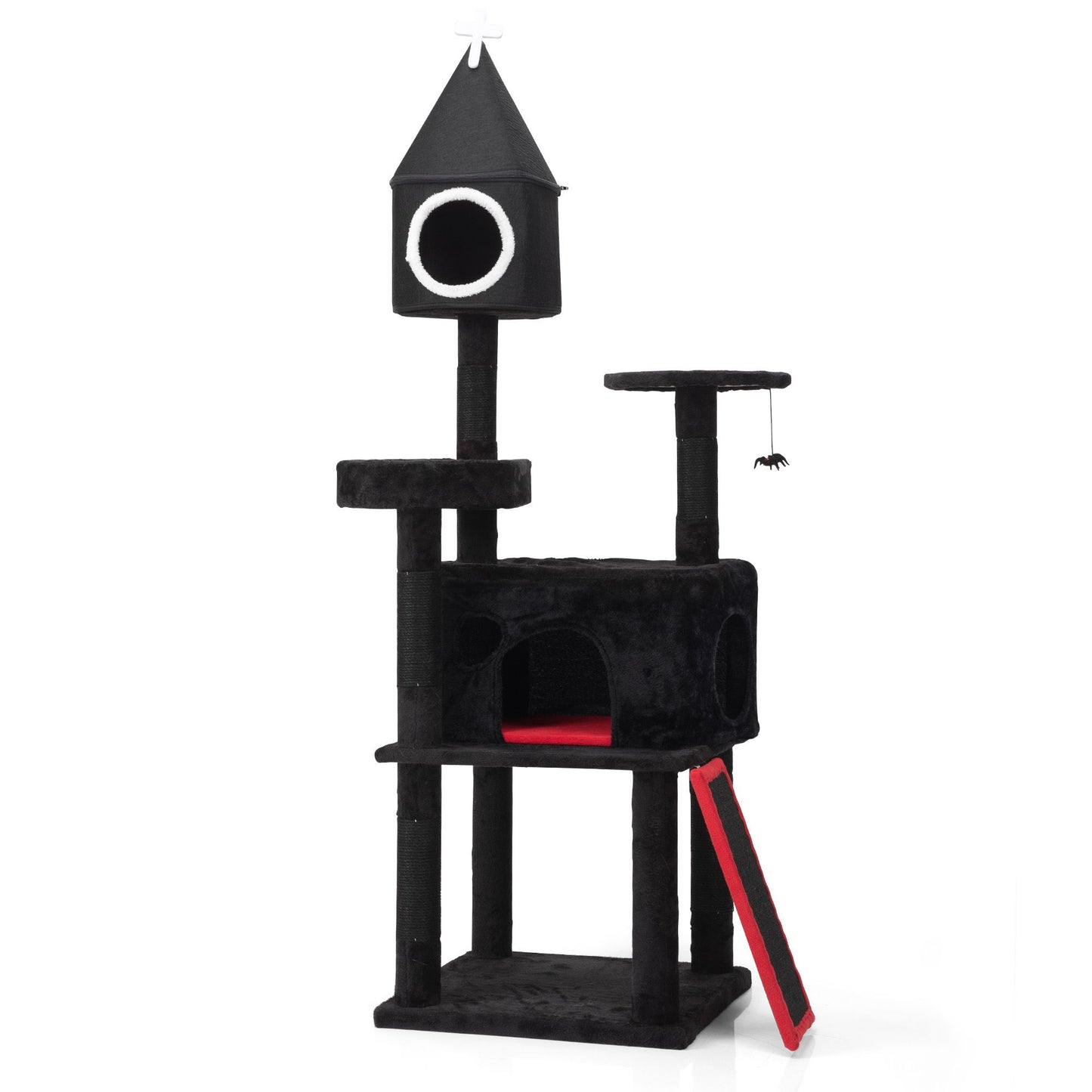 Gothic Cat Tree with Coffin Bed, 64in Black Cat Tower with Condo