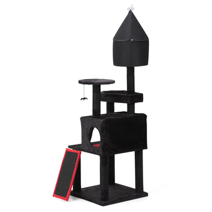 Gothic Cat Tree with Coffin Bed, 64in Black Cat Tower with Condo
