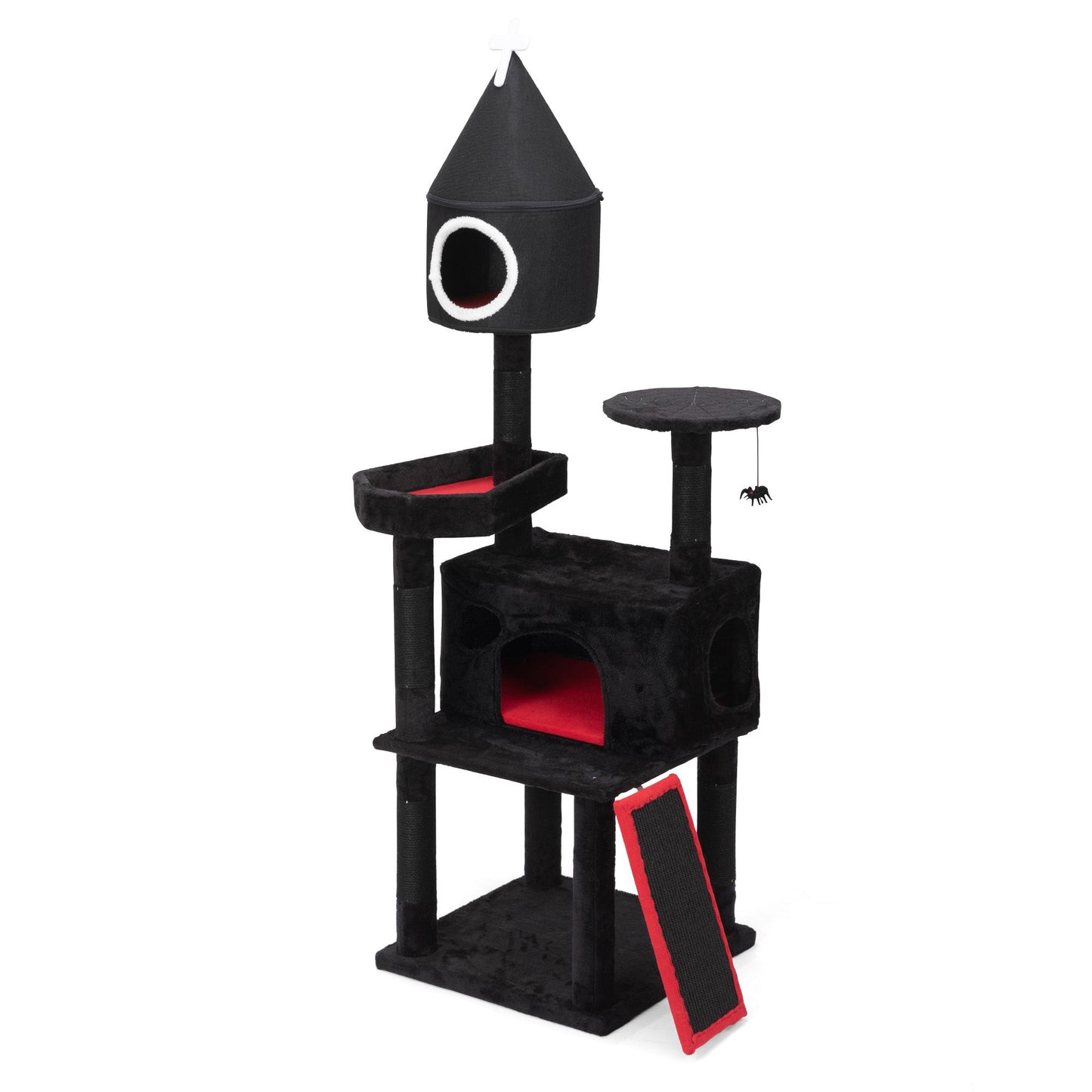 Gothic Cat Tree with Coffin Bed, 64in Black Cat Tower with Condo