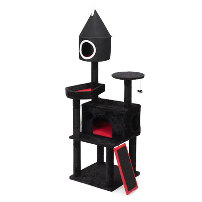 Gothic Cat Tree with Coffin Bed, 64in Black Cat Tower with Condo