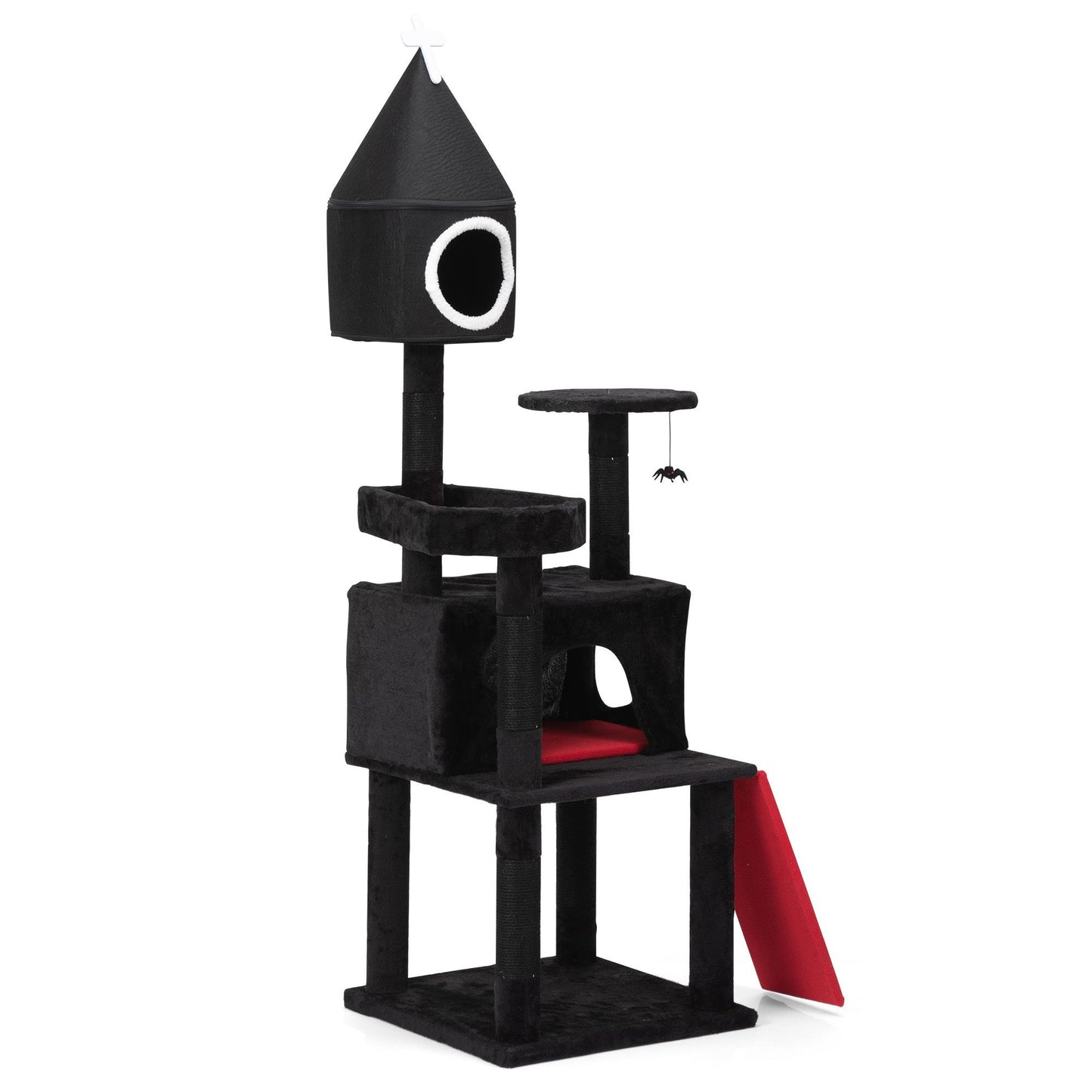 Gothic Cat Tree with Coffin Bed, 64in Black Cat Tower with Condo