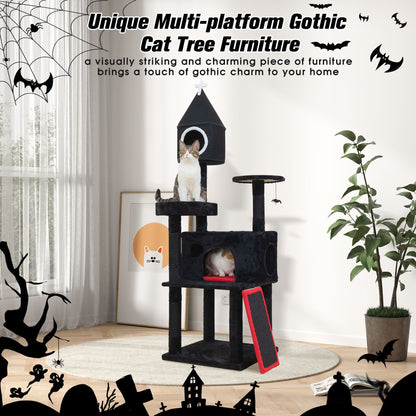 Gothic Cat Tree with Coffin Bed, 64in Black Cat Tower with Condo