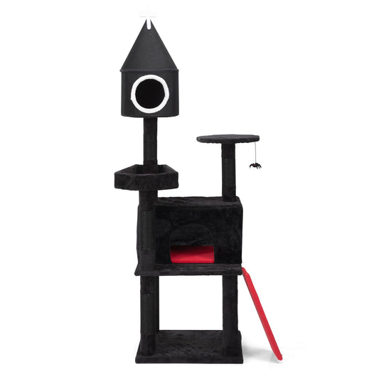 Gothic Cat Tree with Coffin Bed, 64in Black Cat Tower with Condo