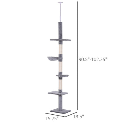Gray Adjustable Height 102" Floor to Ceiling Cat Tree 5 Level Tower