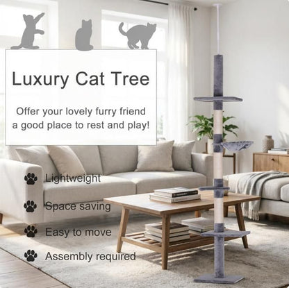 Gray Adjustable Height 102" Floor to Ceiling Cat Tree 5 Level Tower