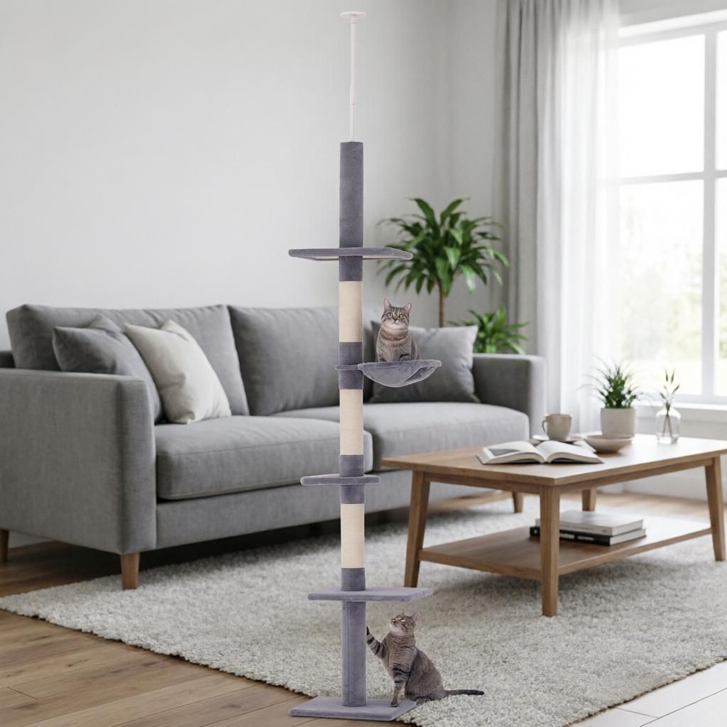 Gray Adjustable Height 102" Floor to Ceiling Cat Tree 5 Level Tower