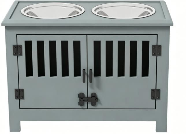 Gray Dog Food Storage Cabinet with Bowls and Feeding Station
