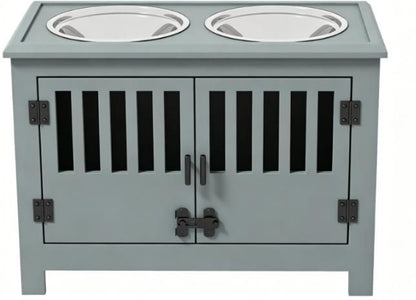 Gray Dog Food Storage Cabinet with Bowls and Feeding Station