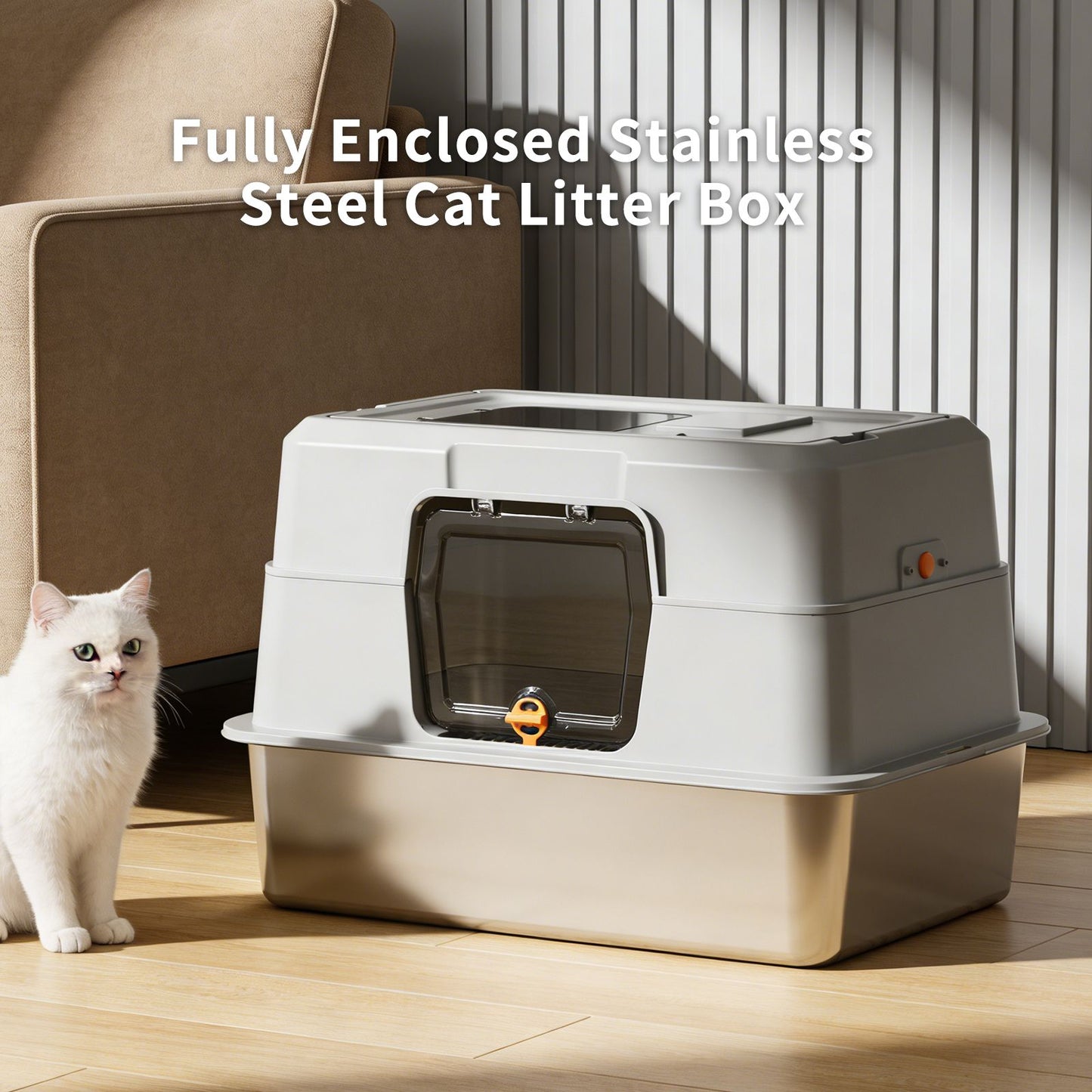 Grey Stainless Steel Fully Enclosed Cat Litter Box, Durable