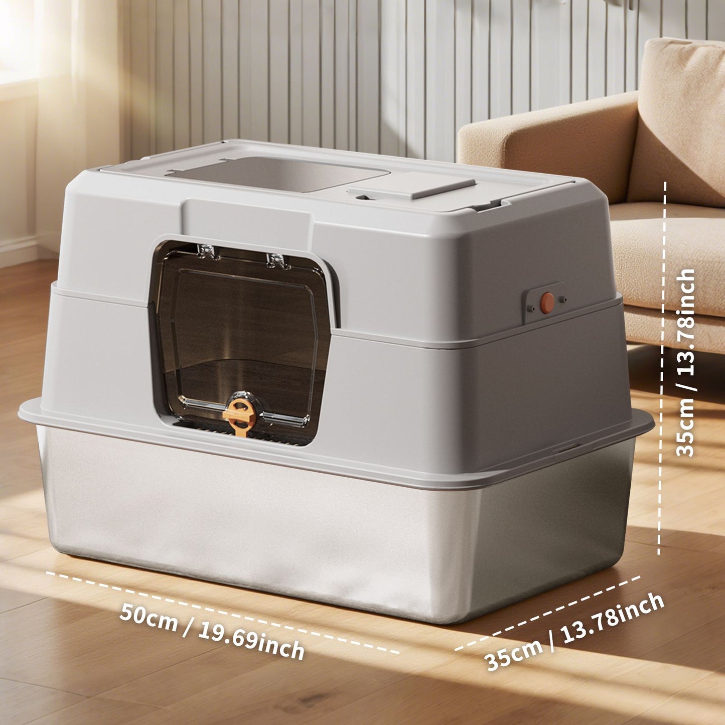 Grey Stainless Steel Fully Enclosed Cat Litter Box, Durable