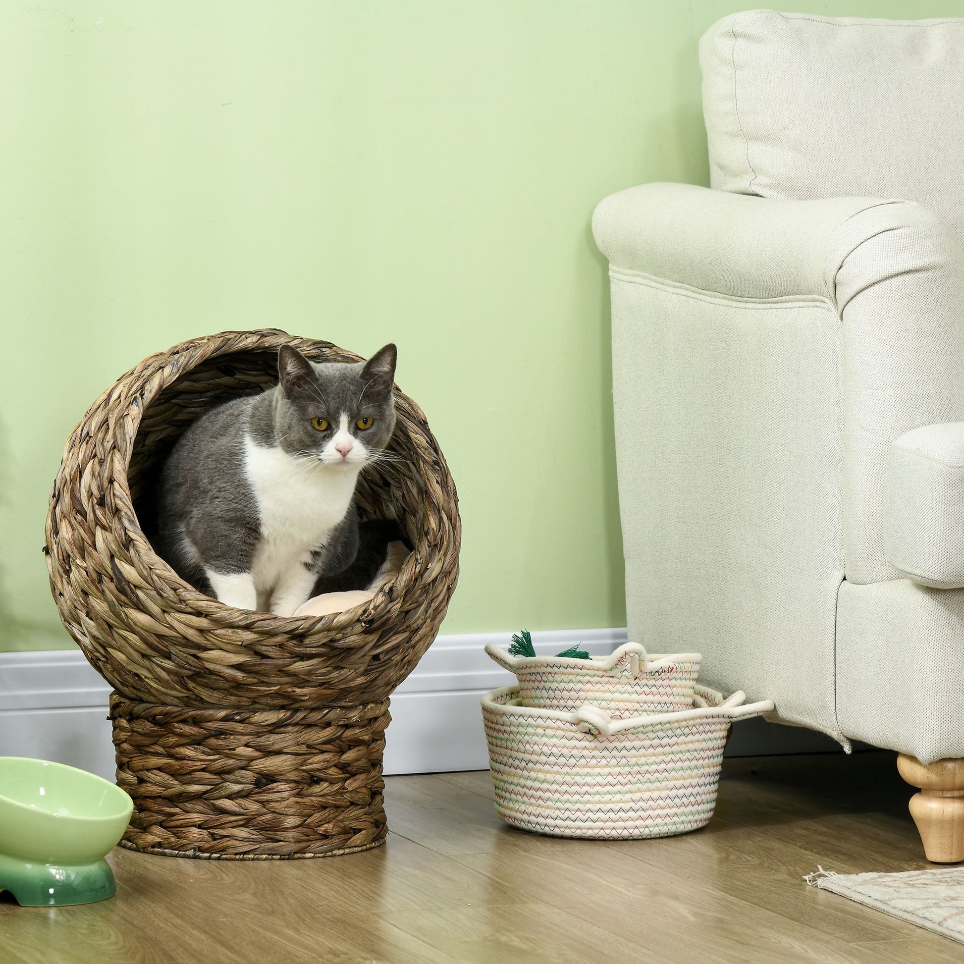 Handwoven Elevated Cat Bed with Soft Cushion & Cat Egg Chair Shape