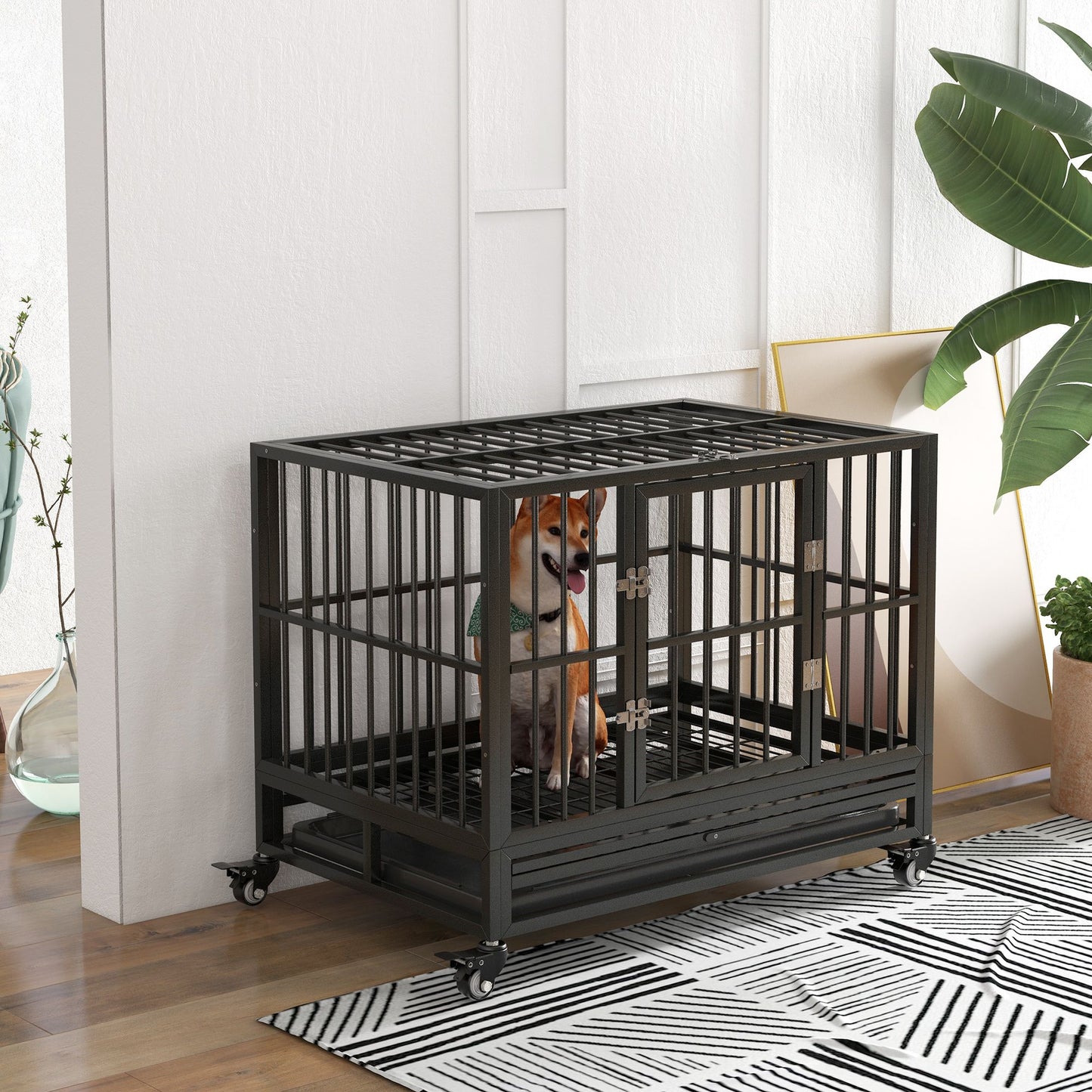 Heavy Duty Dog Cage 36 Metal Kennel with Lockable Wheels Double