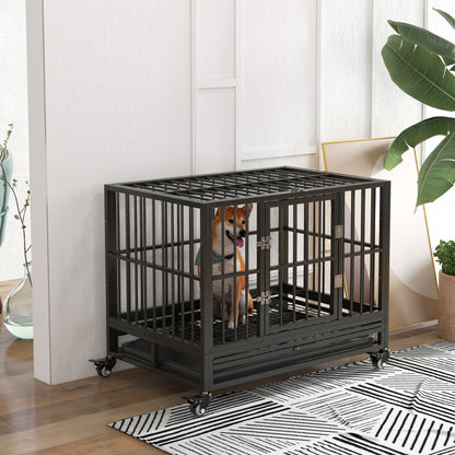 Heavy Duty Dog Cage 36 Metal Kennel with Lockable Wheels Double