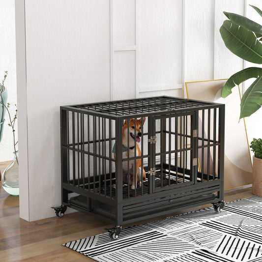 Heavy Duty Dog Cage 36 Metal Kennel with Lockable Wheels Double