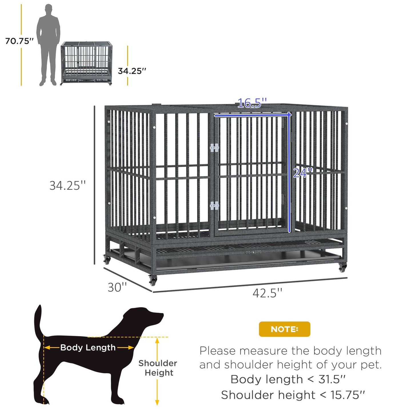 Heavy Duty Dog Cage 42 Metal Kennel with Wheels Double Door