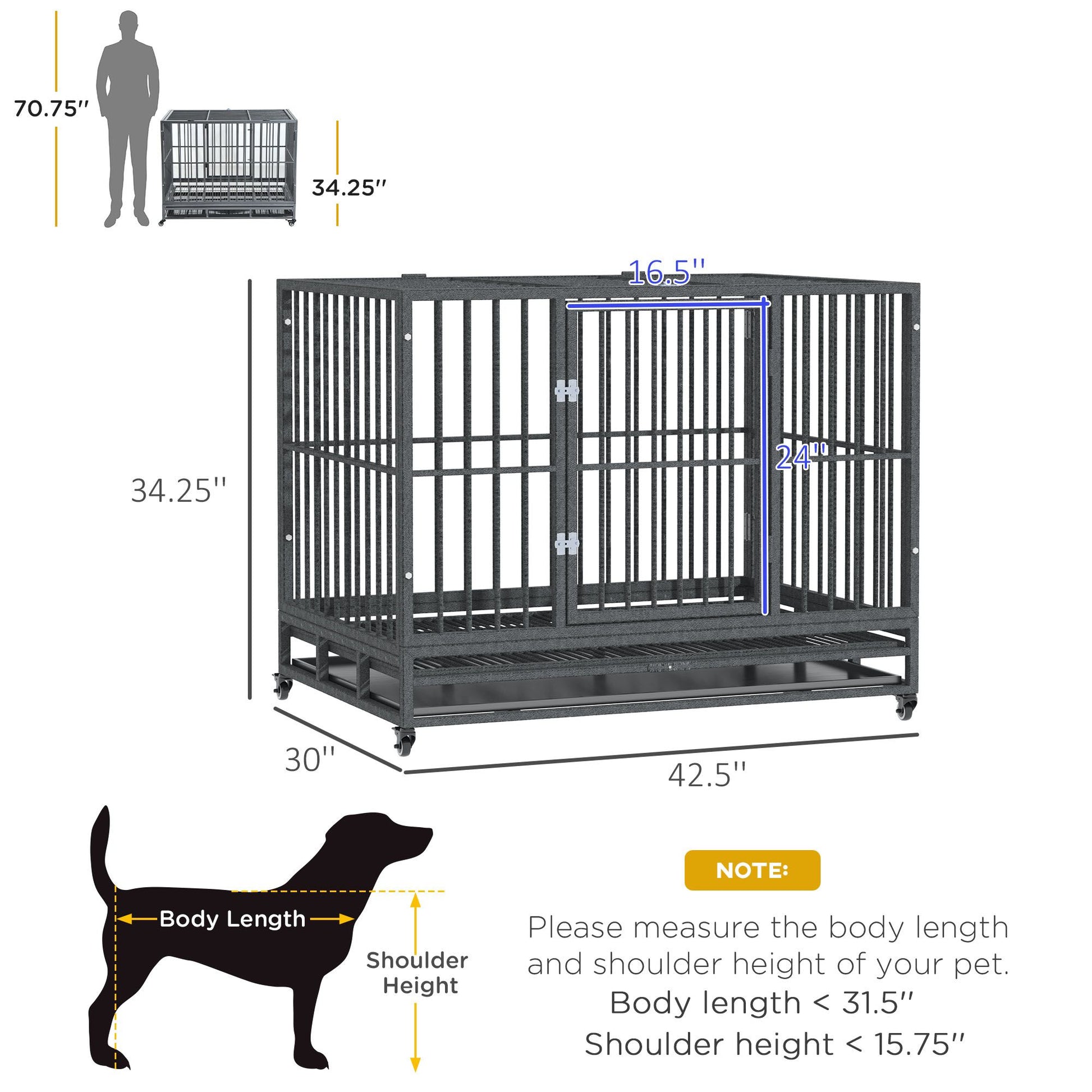 Heavy Duty Dog Cage 42 Metal Kennel with Wheels Double Door