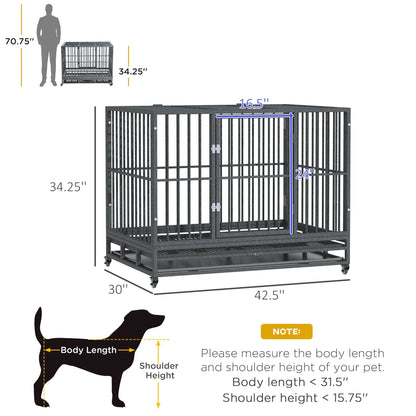Heavy Duty Dog Cage 42 Metal Kennel with Wheels Double Door