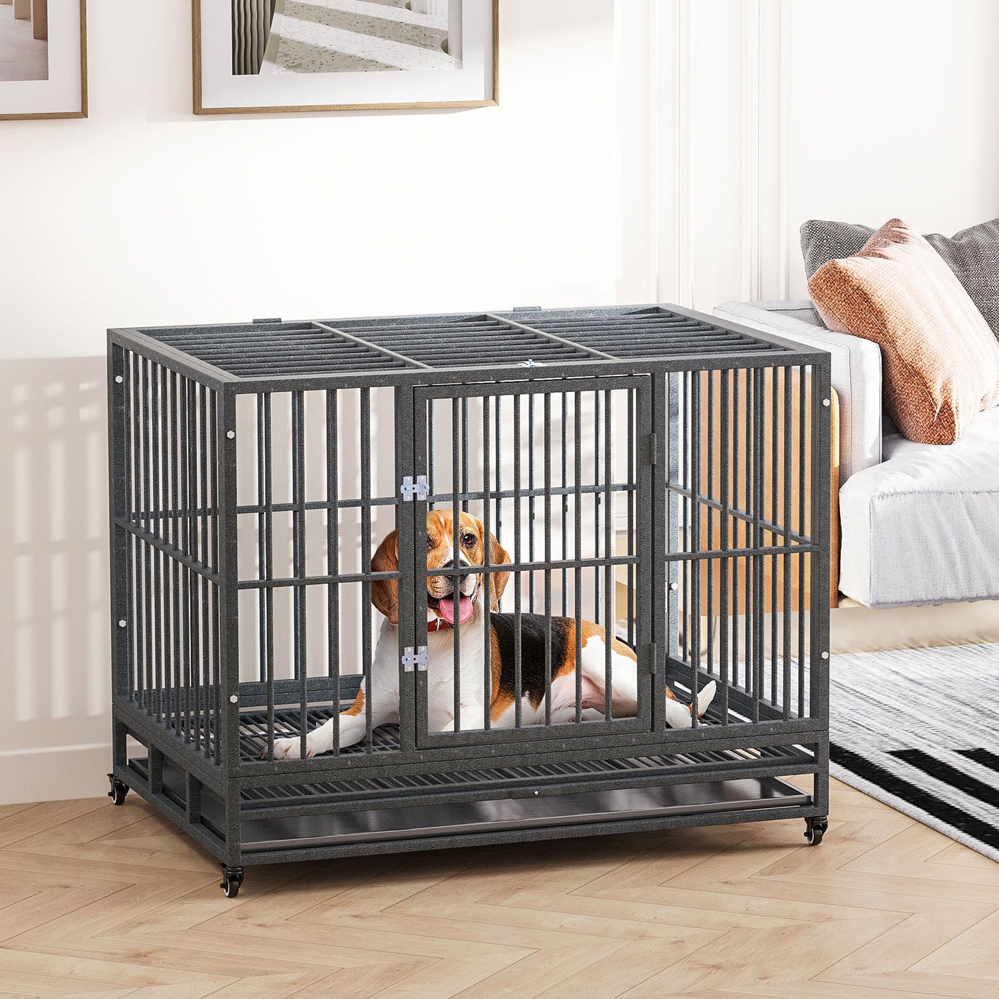 Heavy Duty Dog Cage 42 Metal Kennel with Wheels Double Door