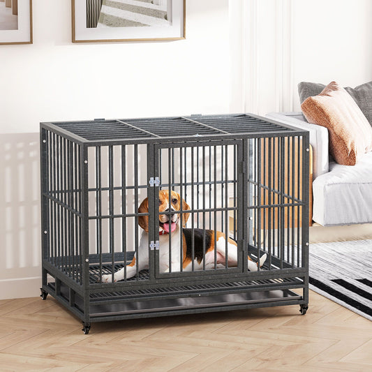 Heavy Duty Dog Cage 42 Metal Kennel with Wheels Double Door