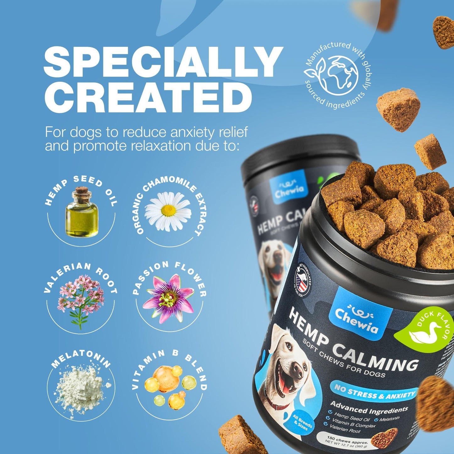 Hemp Calming Chews for Dogs, Melatonin, Chamomile & Vitamin B