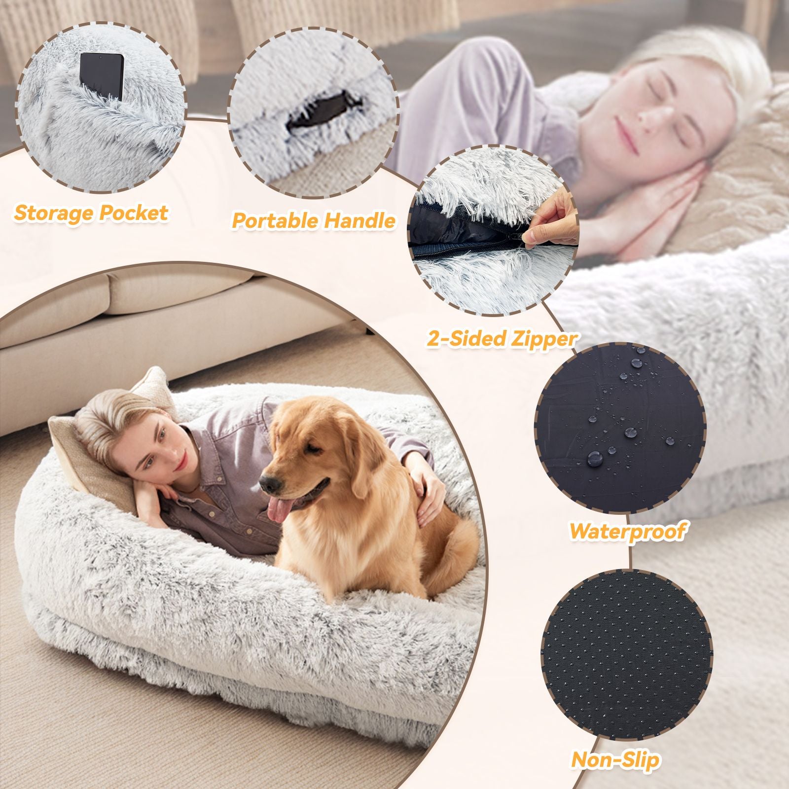 Human Dog Bed, Large Size Fits You and Pets, Washable Faux Fur Dog