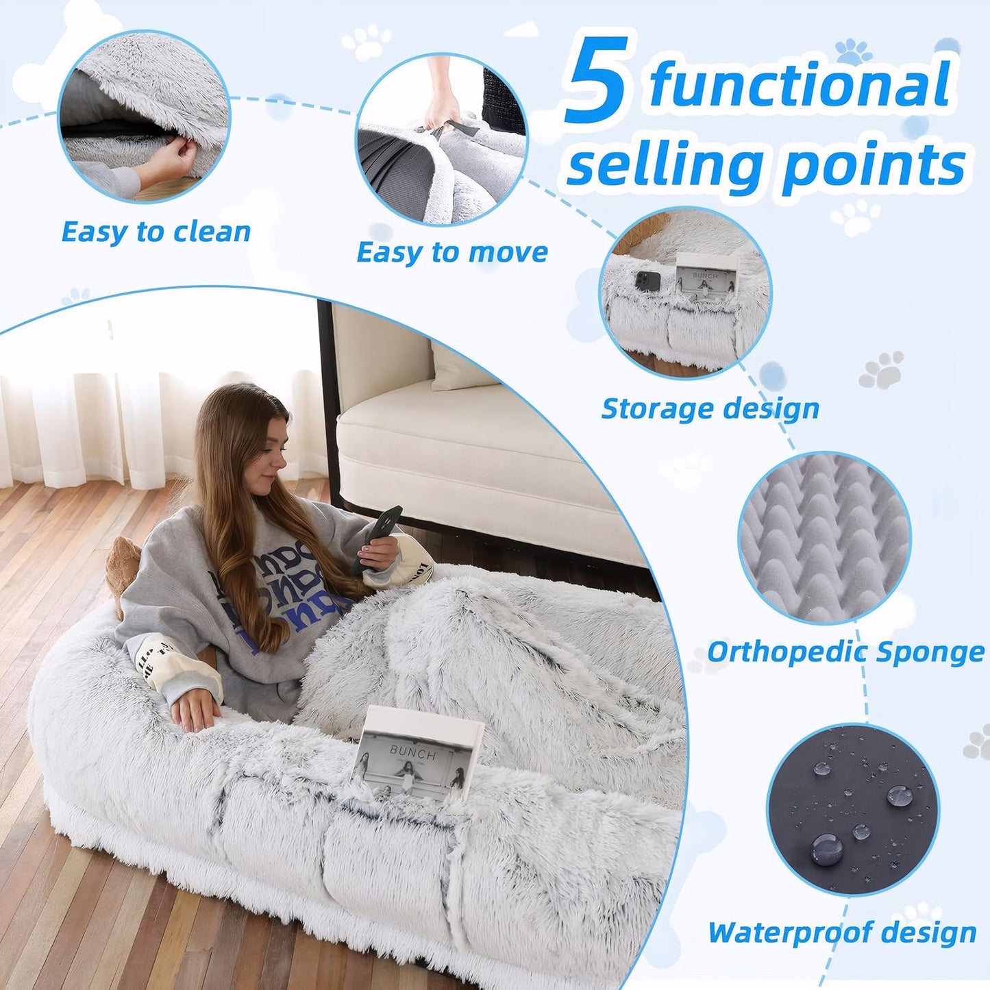 Human Dog Bed, Washable Faux Fur Dog Bed for People Doze Off