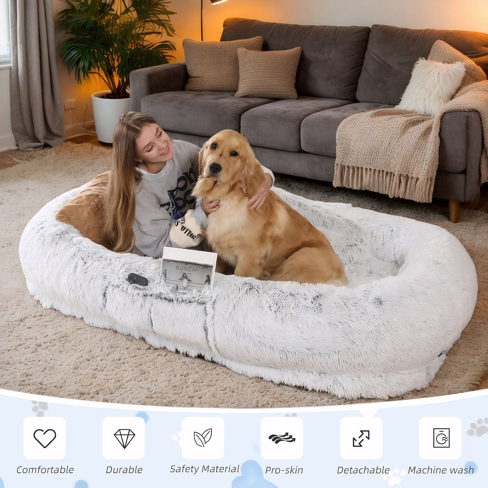 Human Dog Bed, Washable Faux Fur Dog Bed for People Doze Off