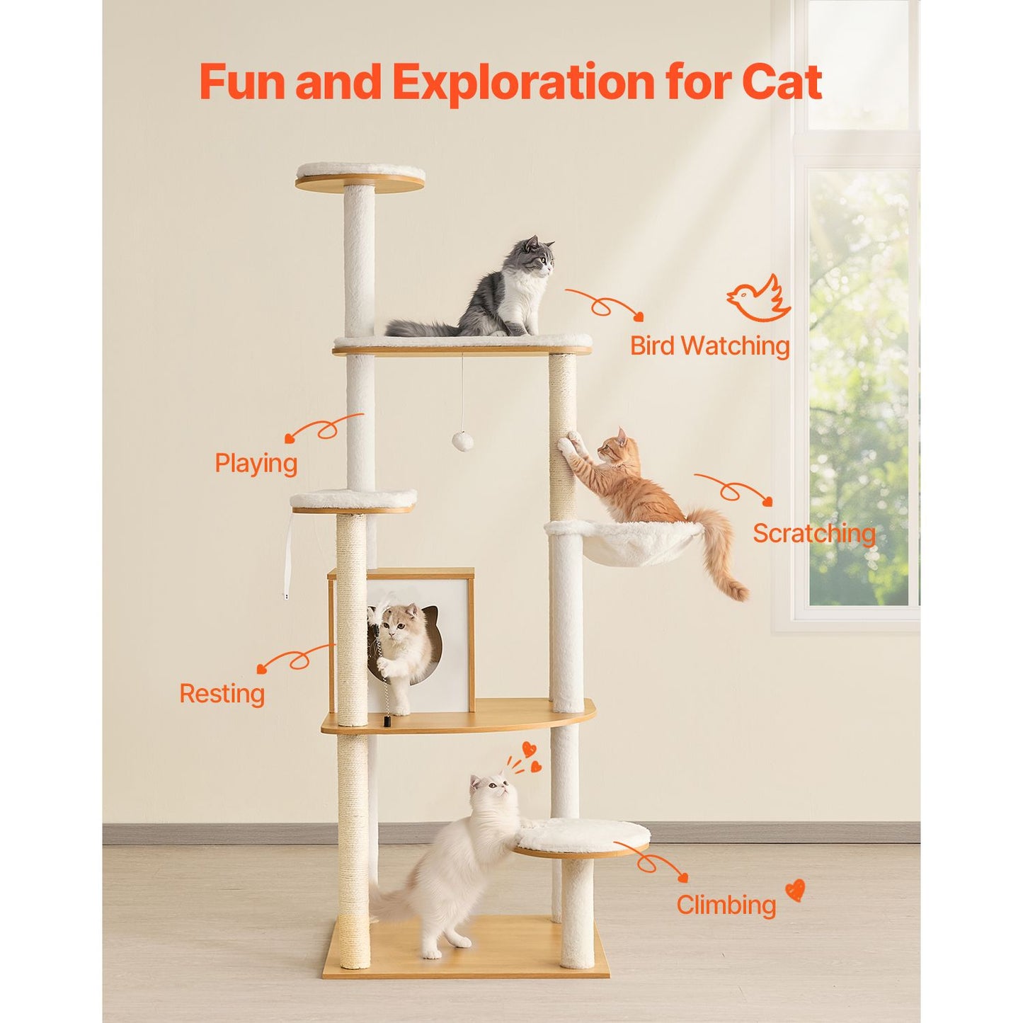 Large Cat Tree, 68.9 Inches Tall, Cat Tower, Multi-Level Cat Condo