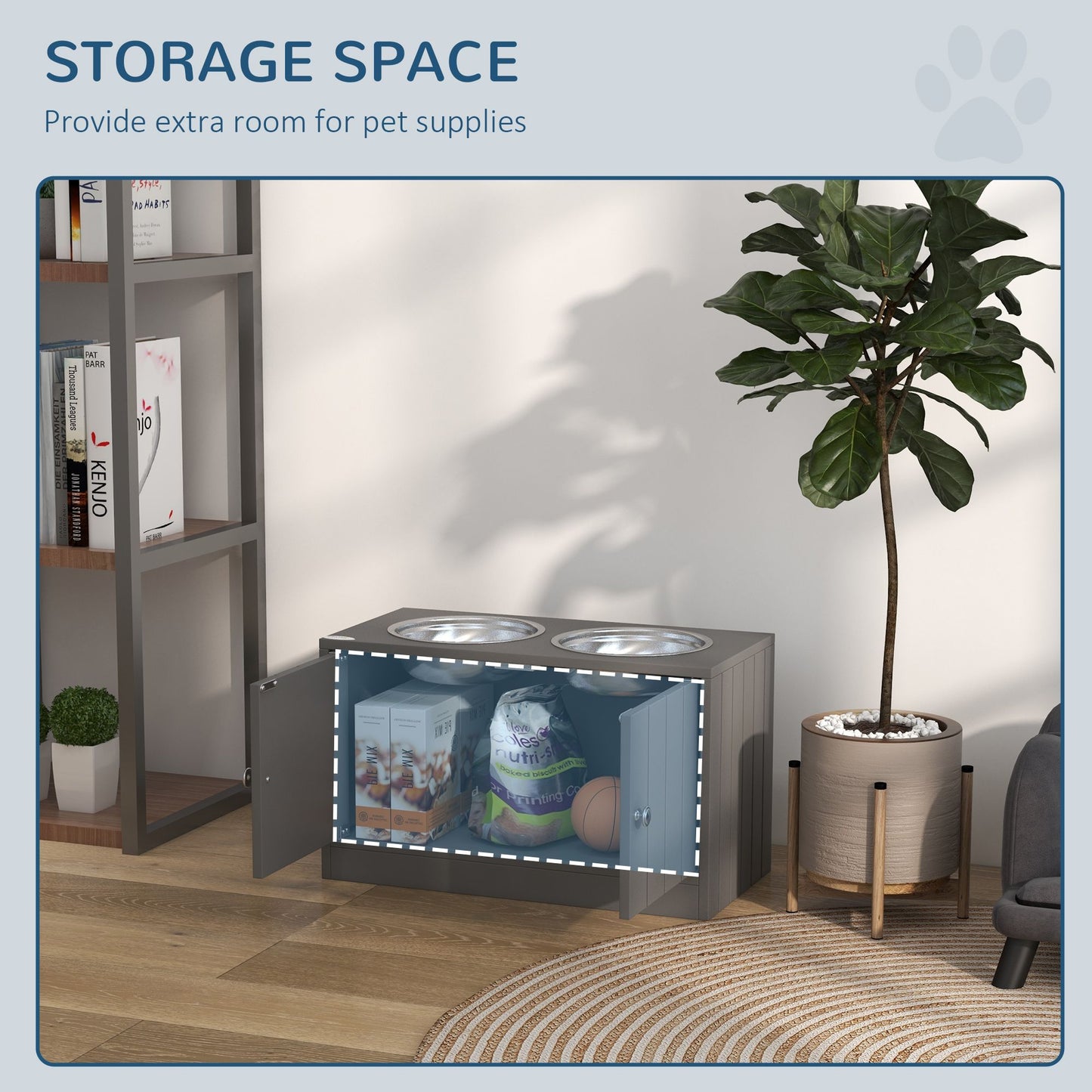 Large Elevated Dog Bowls with 44L Storage Cabinet, Raised Pet Food