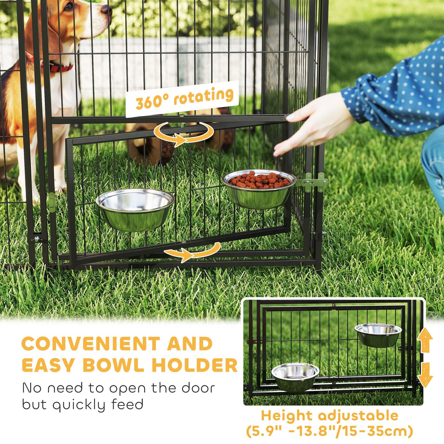 Large Outdoor Dog Kennel with Rotating & Adjustable Height Bowls