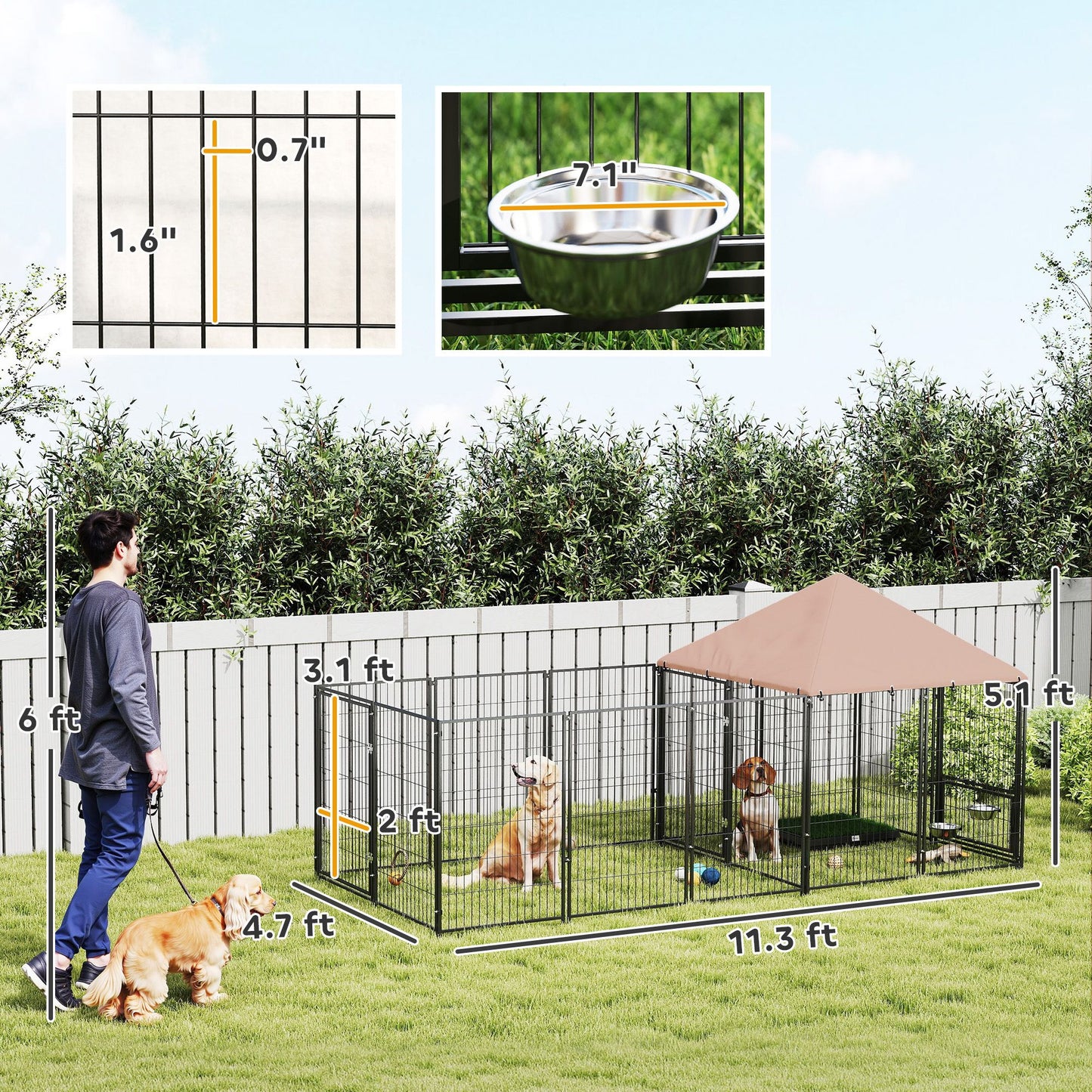 Large Outdoor Dog Kennel with Rotating & Adjustable Height Bowls