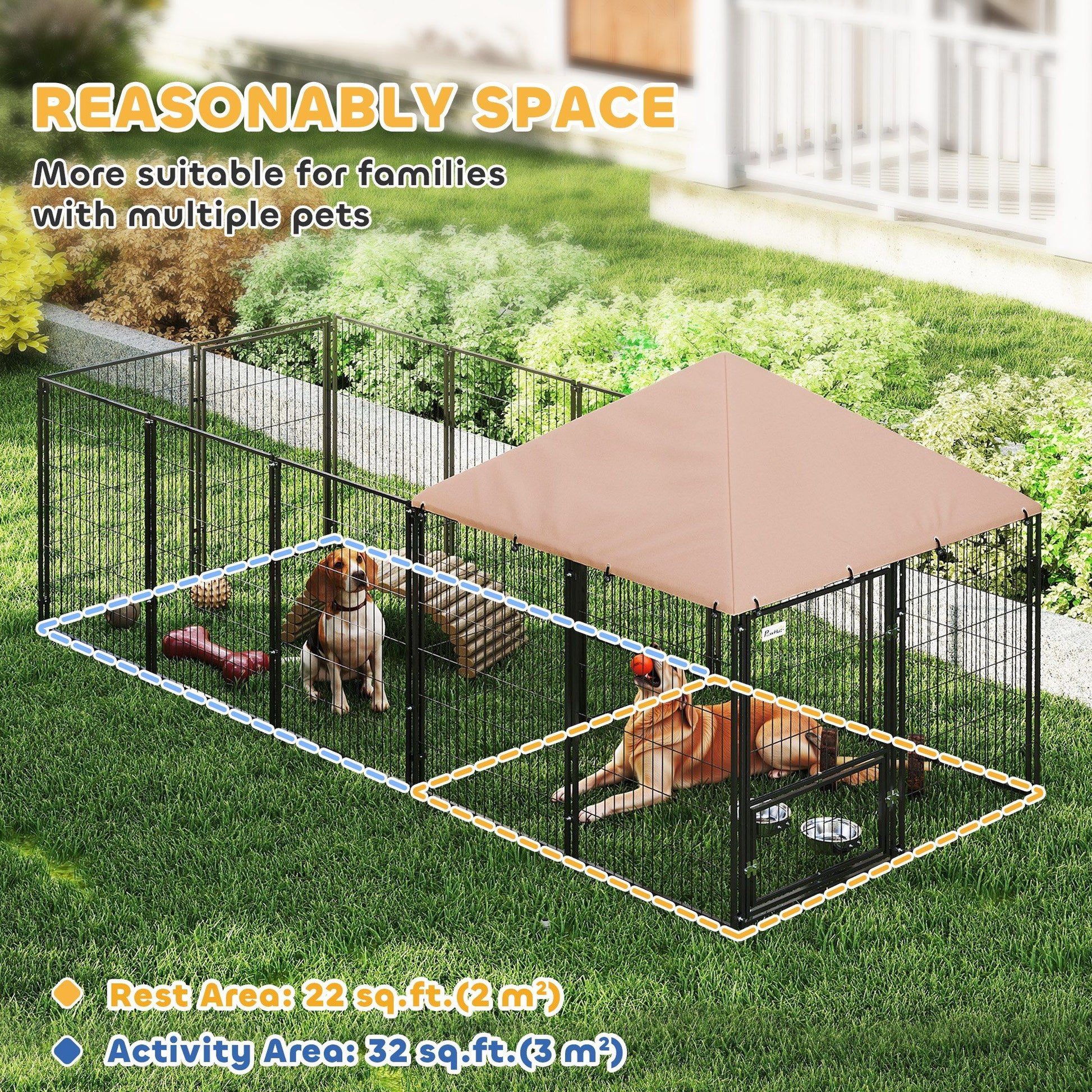 Large Outdoor Dog Kennel with Rotating & Adjustable Height Bowls