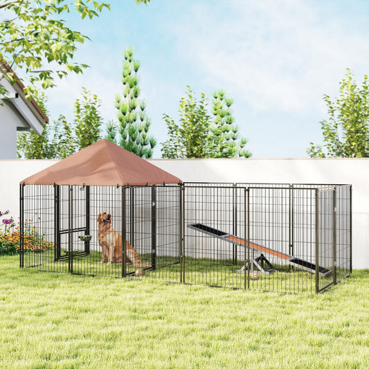 Large Outdoor Dog Kennel with Rotating & Adjustable Height Bowls