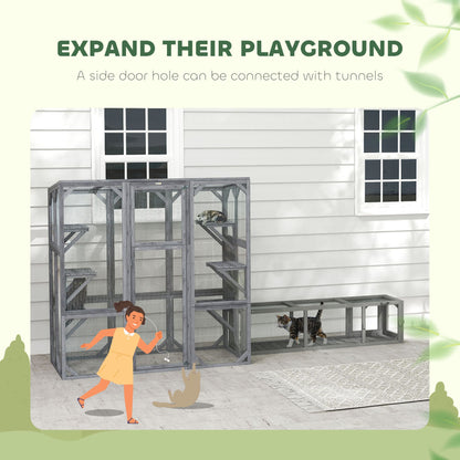 Large Wooden Catio Outdoor with 6 Jumping Platforms, Sunshine Panel