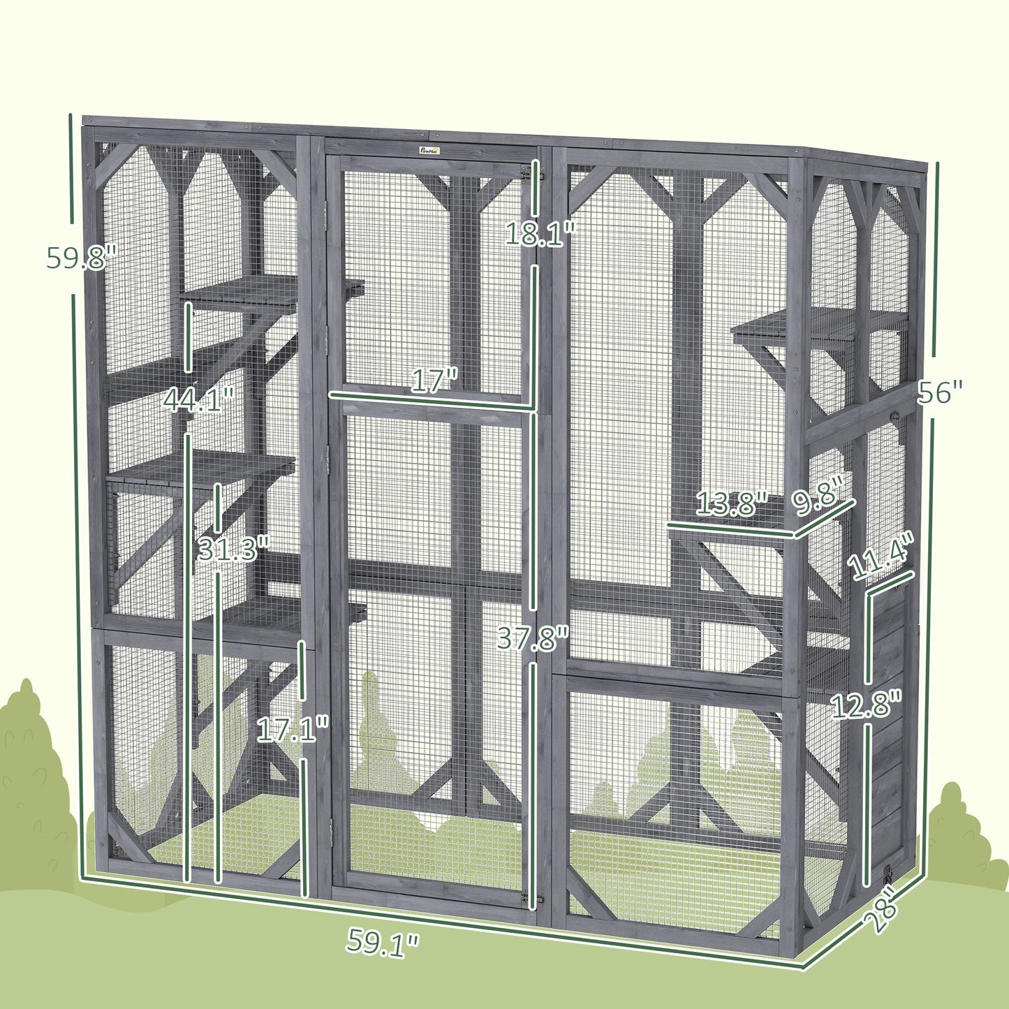 Large Wooden Catio Outdoor with 6 Jumping Platforms, Sunshine Panel
