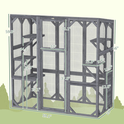 Large Wooden Catio Outdoor with 6 Jumping Platforms, Sunshine Panel