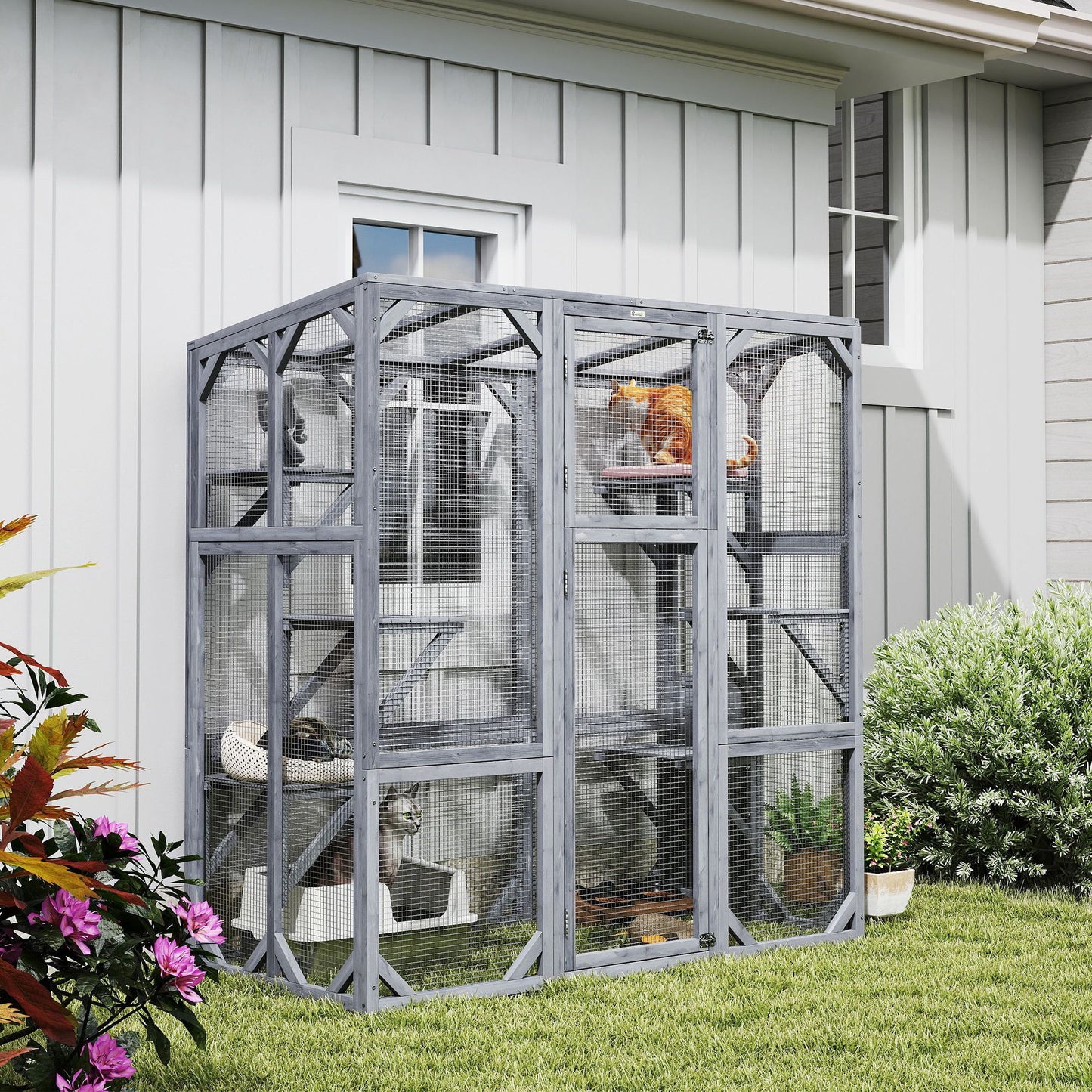 Large Wooden Catio Outdoor with 6 Jumping Platforms, Sunshine Panel