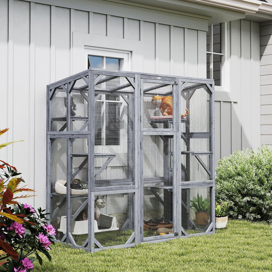 Large Wooden Catio Outdoor with 6 Jumping Platforms, Sunshine Panel